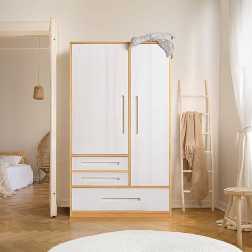 BioKinder Kleiderschrank Kinderkleiderschrank 2-türig Lina aus zertifizierten Bio-Massivholz Erle und Kiefer Naturweiß lasiert H 190 x B 110 x T 55 cm