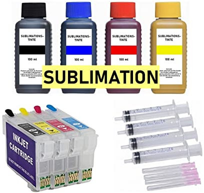 Wiederbefüllbare Patronen mit Auto-Reset-Chips kompatibel mit Epson T18 XL Black, Cyan, Magenta, Yellow / T1811, T1812, T1813, T1814 + 4 x 100 ml Sublimationstinte