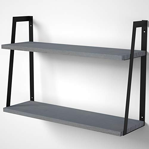 SRIWATANA 60 cm Long Wall Shelves, 2-Tier industrial Floating Wood Shelves for Bedoom, Bathroom, Living Room, Kitchen, Gray