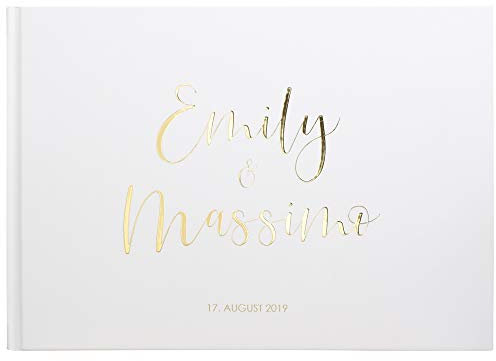 DeinWeddingshop Deluxe Hochzeitsgästebuch | Gästebuch zur Hochzeit personalisiert | Veredelung in Gold, Rosé-Gold, Silber oder Kupfer | A4 quer | Weiss, Inhalt mit Fragen
