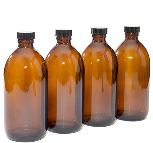 Aura 500ml AMBER GLASS Bottles with BLACK Lids - PACK of 4