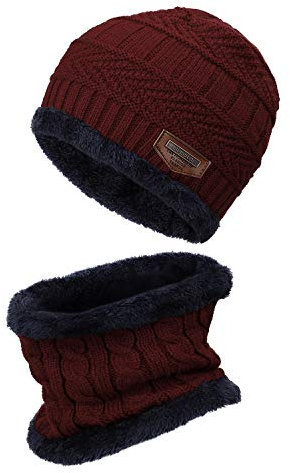 MengH-SHOP Kinder Wintermütze Winterschal Warme Strickmütze und Kreis Schal Set im Freien Schal Beanie Skull Cap für 5-12 Jahre Jungen Mädchen, Dunkel Rot