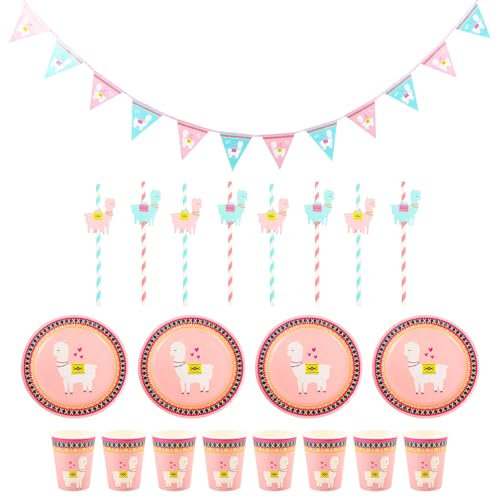 Amosfun Niedliches Alpaka Einweggeschirr Set - 25 StüCk Pappgeschirr FüR Kindergeburtstag, Inklusive Teller, Becher, Strohhalme Und Girlande, Umweltfreundlich, Rosa