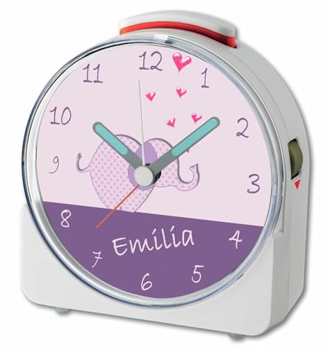 CreaDesign, WU-71-1065-05, Elefant Lila, analog Kinderwecker weiß, Funkwecker mit Sweep-Uhrwerk und fluoreszierenden Zeiger und Licht, personlisiert mit Namen, 10,2 x 4,6 x 11 cm
