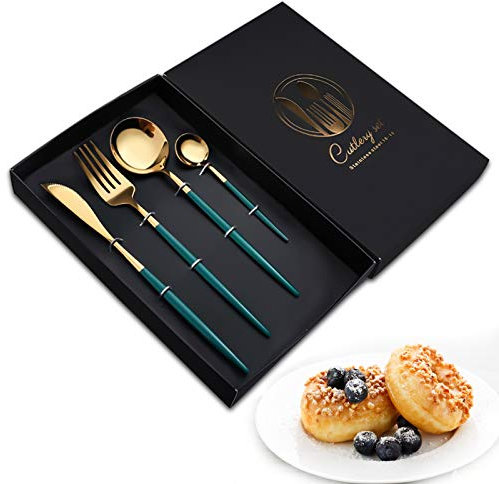 Juego de cubiertos,Cubertería acero inoxidable de 4 piezas con Cuchillos Chuleteros, Tenedores, cuchara para la cena y cucharadita, Embalaje de regalo, apto para todo tipo de escenas(Mango verde)