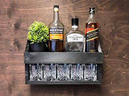 Wooden Whiskey Bottle Holder and 5 Tumbler Wall Mounted Display (W-BL)(EM)