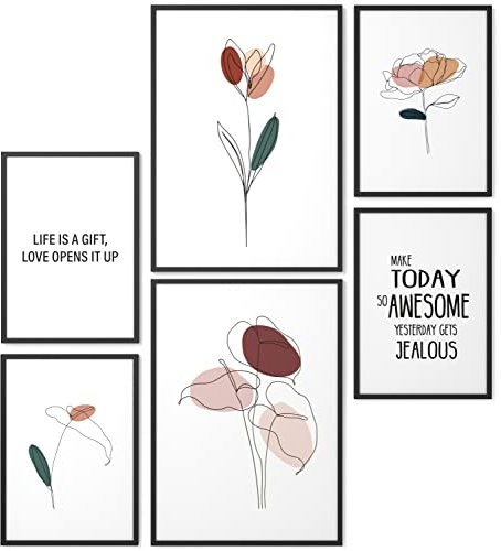Papierschmiede® Mood Poster Set Blumen Abstrakt, Fertiges Bilder Set mit Rahmen (Holz, schwarz), Wohnzimmer Deko Schlafzimmer, 2x DIN A3 und 4x DIN A4, Zeichnung Gemälde Rose Tulpe