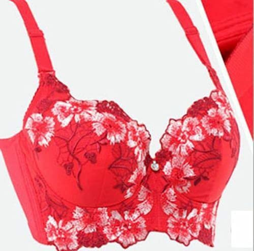 Thick Padded Add 2 Cups Bra Women Push-up Brassiere Deep V Lace Underwire Bras D (40B,Red)