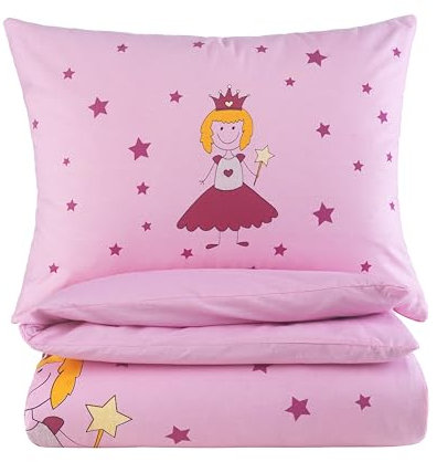 Kinder Baby Bettwäsche Set für Mädchen und Jungen | 100x135 cm + 40x60 cm | 100% Baumwolle Renforcé | Reißverschluss | Prinzessin – Sterne | pink/rosa