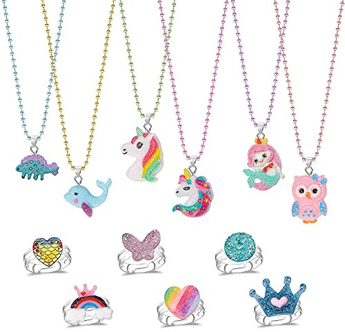 HIFOT Kinder Halskette Ringe Schmuckset, Mädchen Niedliches Einhorn Meerjungfrauen Dinosaurier Eule Anhänger Ketten und verstellbare Ring Prinzessin Party Mitgebsel Kindergeburtstag
