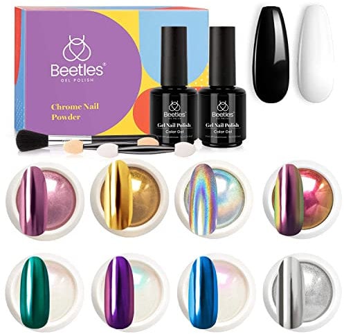 Beetles Chrome Nail Powder Kit Black White Colors Gel Polish Mirror Effect Holographic Aurora Iridescent Pearlescent Manicure Art Decoration Glitter, Holo Nail Powder 8 Colors 1g or 0.5g/Jar