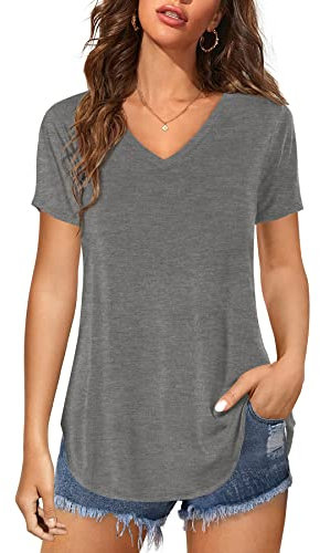 Florboom Women T Shirts Ladies V Neck Tops Summer Short Sleeve Casual Tees, Grey 12 14