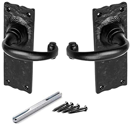 Black Straight Cottage Handle Latches Antique Door Handle Lever Latch Set Small Hammered Victorian Lever Latch with Spindle and Fixing Screws for Internal Doors 1 Pair.