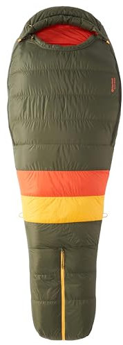 Marmot Never Winter, Mumienschlafsack für Erwachsene, Entendaunen mit 650er Bauschkraft, sehr leicht und warm, 183 cm, geeignet bis -15 °C, Nori/Red Sun, 183 cm