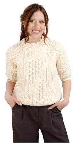 Traditional Irish Sweater for Ladies Short Sleeve Cable Knit - 100% Merino Wool, Natural, XXL