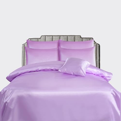 Hadi London Satin Silk 6 Piece Complete Bedding Set with Silky Deep Fitted Sheet Reversible Duvet Cover Comforter & 4 Pillowcases for Single Double King Super King Size Bed (Lilac, Single)
