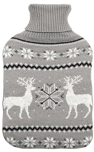 Christmas Hot Water Bottle with Knitted Cover Reindeer Snowflake 2 Litre - Grey