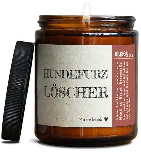 GLÜCKLICHT Duftkerze mit Spruch für Hunde Besitzer & Liebhaber | Handgemacht aus Sojawachs | In Geschenkbox | Nachhaltiges Geburtstagsgeschenk, Gast Geschenk Freunde Dog Mom BFF |Marrakesch