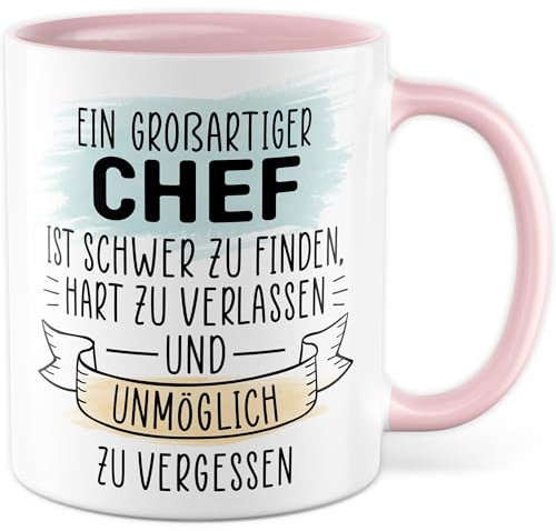 Chef Tasse mit Spruch - Geschenk Ein großartiger Chef ist unmöglich zu vergessen - Kaffeetasse 330ml aus Keramik - Rente Mitarbeiter Geschenkidee Ruhestand Abschiedsgeschenk Bürotasse (Weiß/Rosa)
