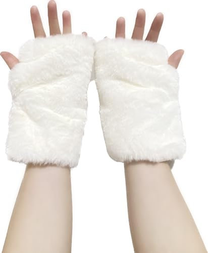 HUSSATOP Armstulpen aus Plüsch-Kunstfell, fingerlose Handschuhe, flauschige Fäustlinge mit Daumenloch, Weiss/opulenter Garten, Einheitsgröße