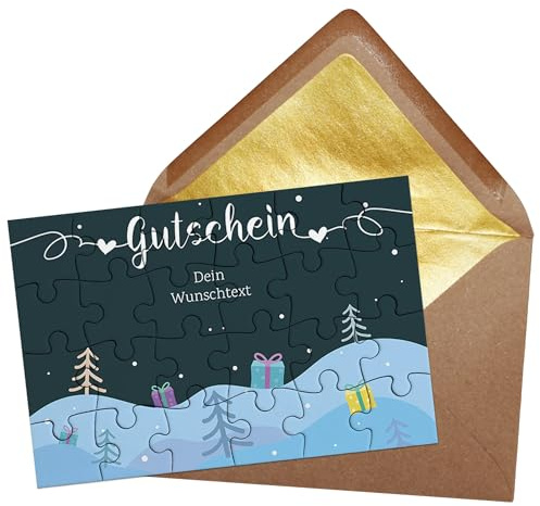 PR Print Royal Fotopuzzle als Gutschein zu Weihnachten - Puzzle mit 2 Zeilen Text Personalisieren Familie und Freunde | 24 Teile inkl. Briefumschlag mit Gold-Inlay