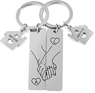 ALBERTBAND Porte-clés Personnalisé pour Couple 2PCS Porte-clés Main dans la Main Lettre et Date Gravées Cœur Porte-clés Or Rose Silber Cadeau pour Petite amie Petit ami Saint-Valentin Noël