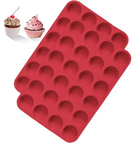 BASVII 2 Piezas Moldes Magdalenas Silicona - Molde Magdalenas Horno sin BPA, con Revestimiento Antiadherente - Reutilizables Molde Silicona Horno para 24 Magdalenas, Apto para Lavavajillas (Rojo)