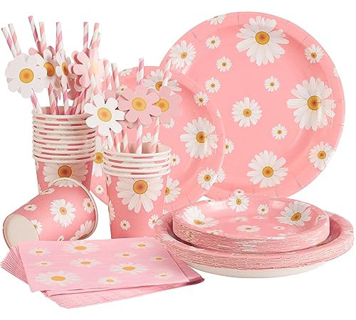 SUNBEAUTY Party Tableware Set, Little Daisy Theme, Pastel Birthday Decorations, Paper Party Tablewares for Birthday Plates and Napkins Sets, Baby Shower Decor - 80 Pcs