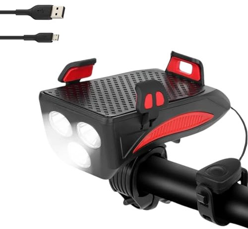 GloVibe Lumière Vélo Trottinette LED Rechargeable USB avec Klaxon, Support et Chargeur Smartphone, Eclairage Puissant 700 Lumens, Batterie 4000 mah, Accessoire Phare Avant, Lampe Etanche VTT Cycliste