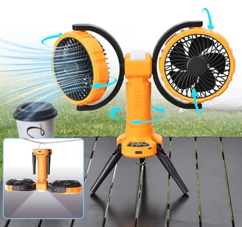 Nauttxon Outdoor Camping Fan With Light - Oscillating Battery Powered Fan For Camping Beach Travel Picnic Fishing Outdoor -Yellow