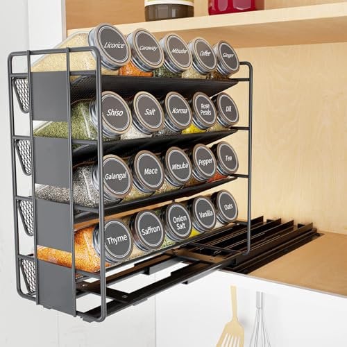 Pull Out Spice Rack for Inside Cupboard Organiser 4 Tier Sliding Spice Rack/Seasoning Organiser for Jars,Metal Seasoning Bottles and Condiment Holder Kitchen Essentials Cabinet Storage(Facing Right)