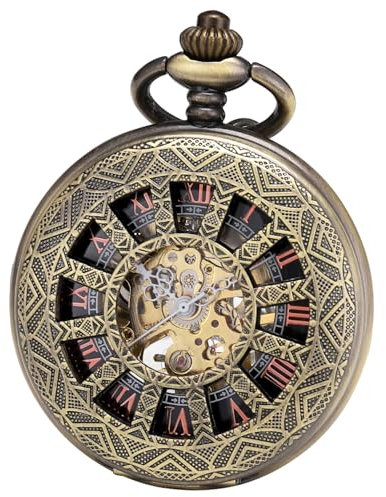 ManChDa Taschenuhr - Taschenuhr mit Kette Mechanisch Skelett Antik Steampunk Vintage 12-Kleines-Fenster Hohl Fall Fob Uhr für Herren | Bronze römische Ziffern