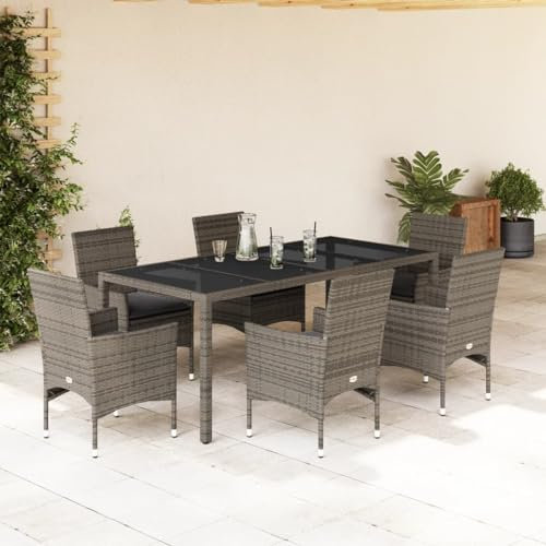 Homgoday Gartentisch und Stühle Set, Gartenmöbel-Set, 7-teilig, mit Kissen aus Polyrattan und Glas, Gartenmöbel, Gartenmöbel-Set, Modell 3278559