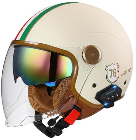LHBM Bluetooth-Motorradhelme, Jethelm für Erwachsene mit offenem Gesicht und doppelter Sonnenblende, Vintage-Halbhelme für Motorräder, Mopeds und Roller für Herren und Damen S,M=57-58CM