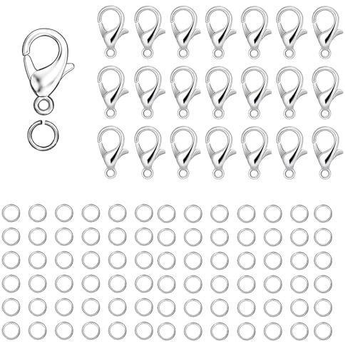 20PCS Lobster Clasp with 100 Pcs Open Jump Ring Set, Jewelry Bracelet Connectors Necklace Clasp Bracelet Clasp Jump Rings for Jewelry Making-Silver