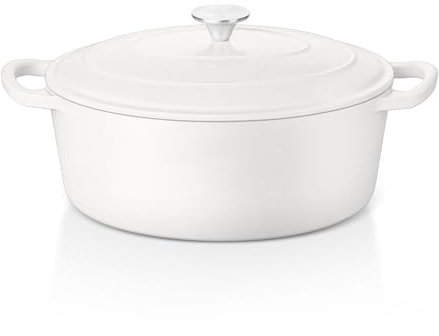 E-far Ovaler Dutch Oven Topf mit Deckel, emailliertes Gusseisen, Dutch Oven mit zwei Griffen für Sauerteigbrot, Backen, Kochen, antihaftbeschichtetes Kochgeschirr (weiß), ungiftig und leicht zu