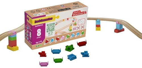 Alpha Boosterz Gleisverbinder – 10-teiliges Trail-Set, Holzeisenbahnschienen und Bausteine ​​für Kinderspielzeug – passend für Brio-Gleisset und Duplo-Eisenbahnschienenadapter – langlebiger Holzzug