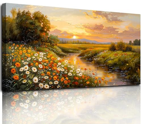 MHARTK66 Blumen am Fluss Leinwand Bilder, 59x119 cm XXL Wandbilder Wohnzimmer Landschaft Bild Aesthetic, Modern Wanddeko Kunstdruck Schlafzimmer Esszimmer Büro Küche Badezimmer