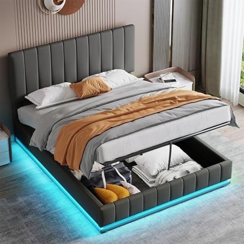 Ottoman Bed King Size, 5ft Bed Frame with LED Light, PU Leather Upholstered Storage Bed with Hydraulic Storage, King Bed with Adjustable Channel Tufted Headboard, No Mattress, Grey