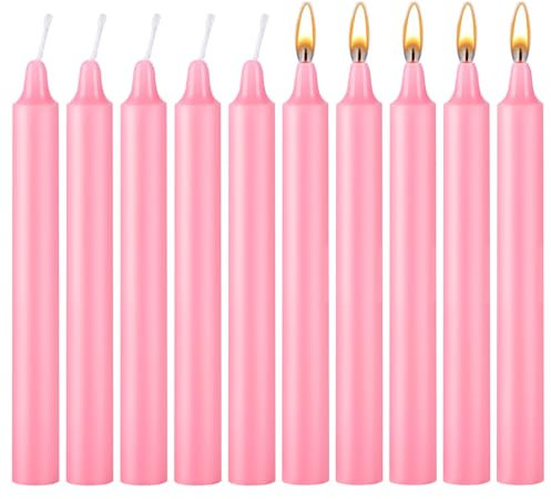 Lot de 10 bougies coniques roses - 15 x 1,5 cm de long - Pour lustres et bougeoirs - Longue durée de combustion - Convient pour les banquets, les fêtes, les dîners de famille