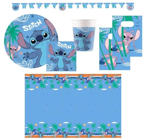 Procos - Set de fiesta Stitch grande, 46 piezas, set de fiesta para cumpleaños infantiles o fiestas temáticas, decoración de mesa
