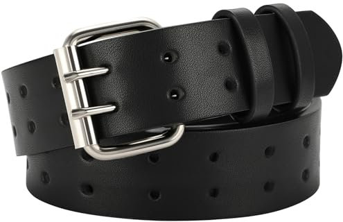 VONMELLI Herren Gürtel Double Prong Ledergürtel Schwarz Casual Arbeitsgürtel Heavy Duty Dual Hole für Jeans Pant Länge 120cm Max Taille 99cm