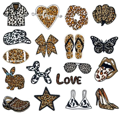 Attuslla 18 PCS Iron On Patches Leopard Print Series Sew On Patches, Embroidered Applique for Clothes, Dress, DIY Crafts Sew Making