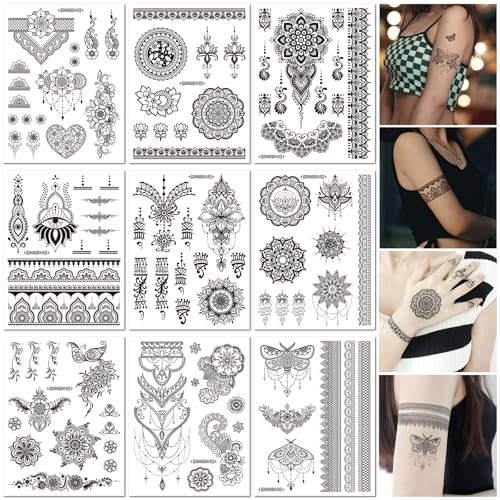 9 Láminas Calcomanías de Tatuaje Temporal Manos Negras Tatuajes Mandala Religioso Arte Corporal Impermeables Falsos Tatuajes para Mujeres