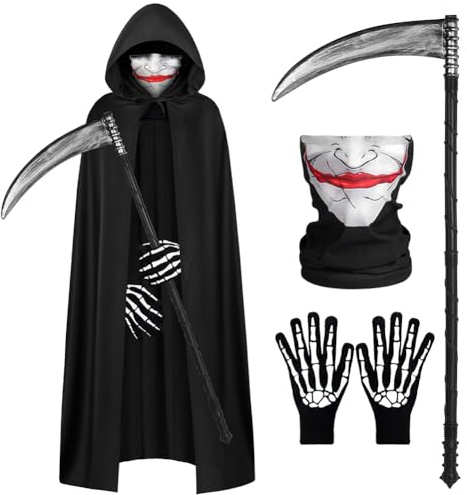 AOOWU Capa Negra con Capucha, Capa de la Muerte, Disfraz de Parca con Máscara de Calavera, Guantes Que Brillan en la Oscuridad y Hoz, Disfraz la Muerte de Halloween Carnaval Fiesta Cosplay