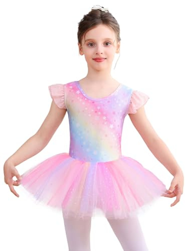 Bezioner balettklänning glittrande tutus för flickor glänsande tryckt | Skiktad kort volang ärm dans trikåer med tutu kjol för barn