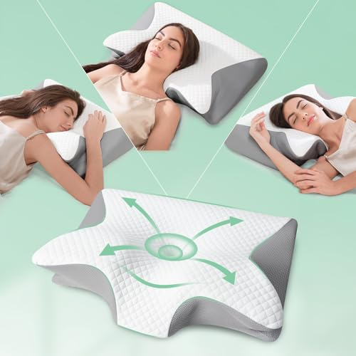 FEYIDEO Nackenkissen 2 in 1 Memory Foam Kissen 60x40x12/14cm Grau | Ergonomische Kissen für Alle Schlafpositionen zum Stressabbau, Zwei Höhen, Mittelfest, Waschbarer Kissenbezug, CertiPUR-US