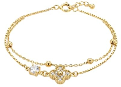 Elbella Hamburg Armband Damen Kleeblatt Gold & Silber aus Edelstahl – 2-Reihig Wasserfest & Verstellbar Glücksarmband – Geschenk für Frauen & Freundin – Fortunas Blatt-Kollektion