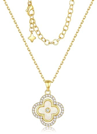 Turandoss Kleeblatt Kette Damen, Exquisit Gold Halskette mit Kleeblatt | 14K Vergoldete Kleeblatt Anhänger Halskette mit Zirkonia Goldkette Schmuck Geschenk für Frauen Mädchen