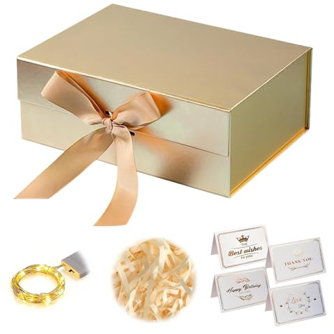 Geschenkbox 22x16x8.5cm Geschenkverpackung Box Geschenkbox mit Deckel | Geschenk Box mit Magnetverschluss und Geschenkband für Hochzeiten, Geburtstage, Jubiläen（Gold Set）